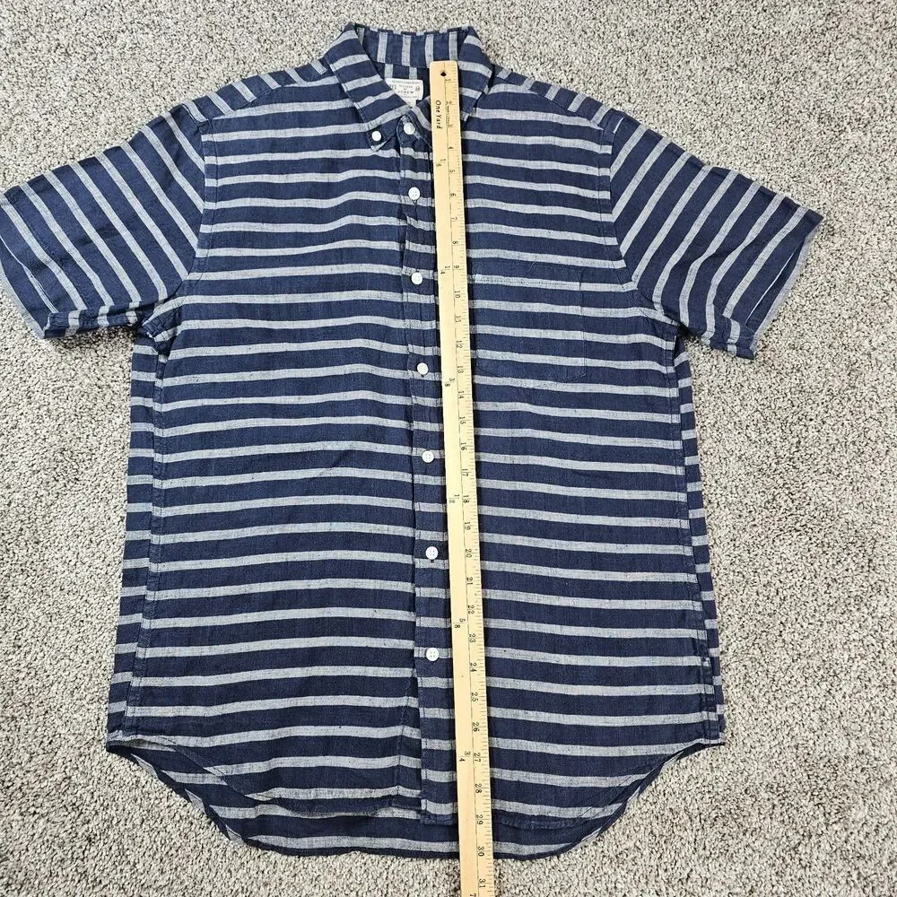 J Crew Shirt Mens Medium Blue Gray Striped Linen Button Pocket Casual Beach